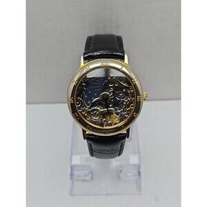 Futura Sun Moon Skeleton Dial Quartz Watch Womens Black New Battery Gold Tone